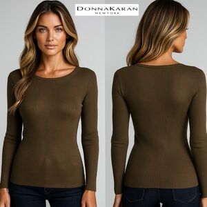 Donna Karan Olive Brown Ribbed Wool Blend Long Sleeve Crewneck Sweater Size S